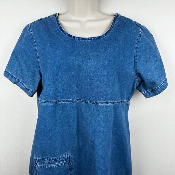 Vintage Christopher & Banks Denim Dress Midi Short Sleeve Medium Modest Church - Picture 2 of 11